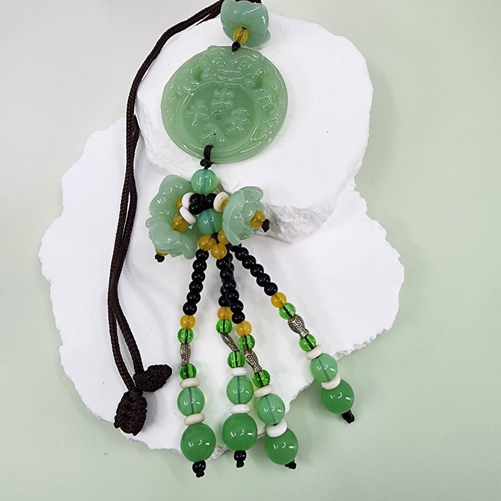 Carved Green Faux Jade Dragon Medallion Beaded Tassel Necklace Asian Statement